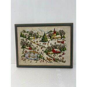Vintage Framed Crewel Embroidery Winter Village Landscape Wood Frame Grannycore